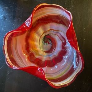 Vintage red swirl folded edge art glass bowl / trinket dish.. Nasco Japan.?